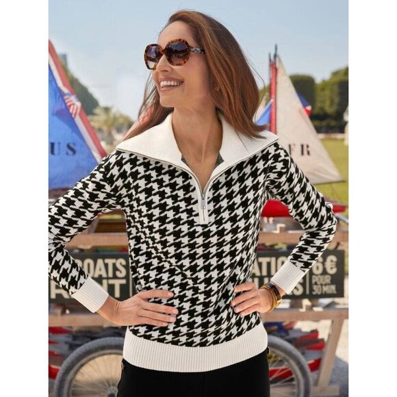 NWT Talbots Zip Collar Sweater Houndstooth Jacquard Size 1X - Picture 1 of 10